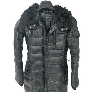 BCBGMaxAzria Shiny Black Puffer Coat with Faux Fur Hood